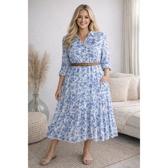 H&M Dresses & Skirts - H&M Button Up Shirt Dress XL Blue Floral Oversized Lightweight Travel Summer